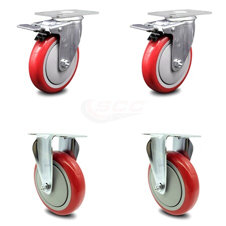 Service Caster 5 Inch Red Polyurethane Swivel Top Plate Caster Lock Brakes 2 Rigid SCC, 2PK SCC-TTL20S514-PPUB-RED-2-R-2